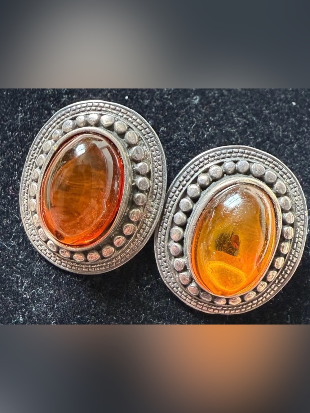 Elegant Sterling Silver 925 Clip On Earrings Silver Natural Amber